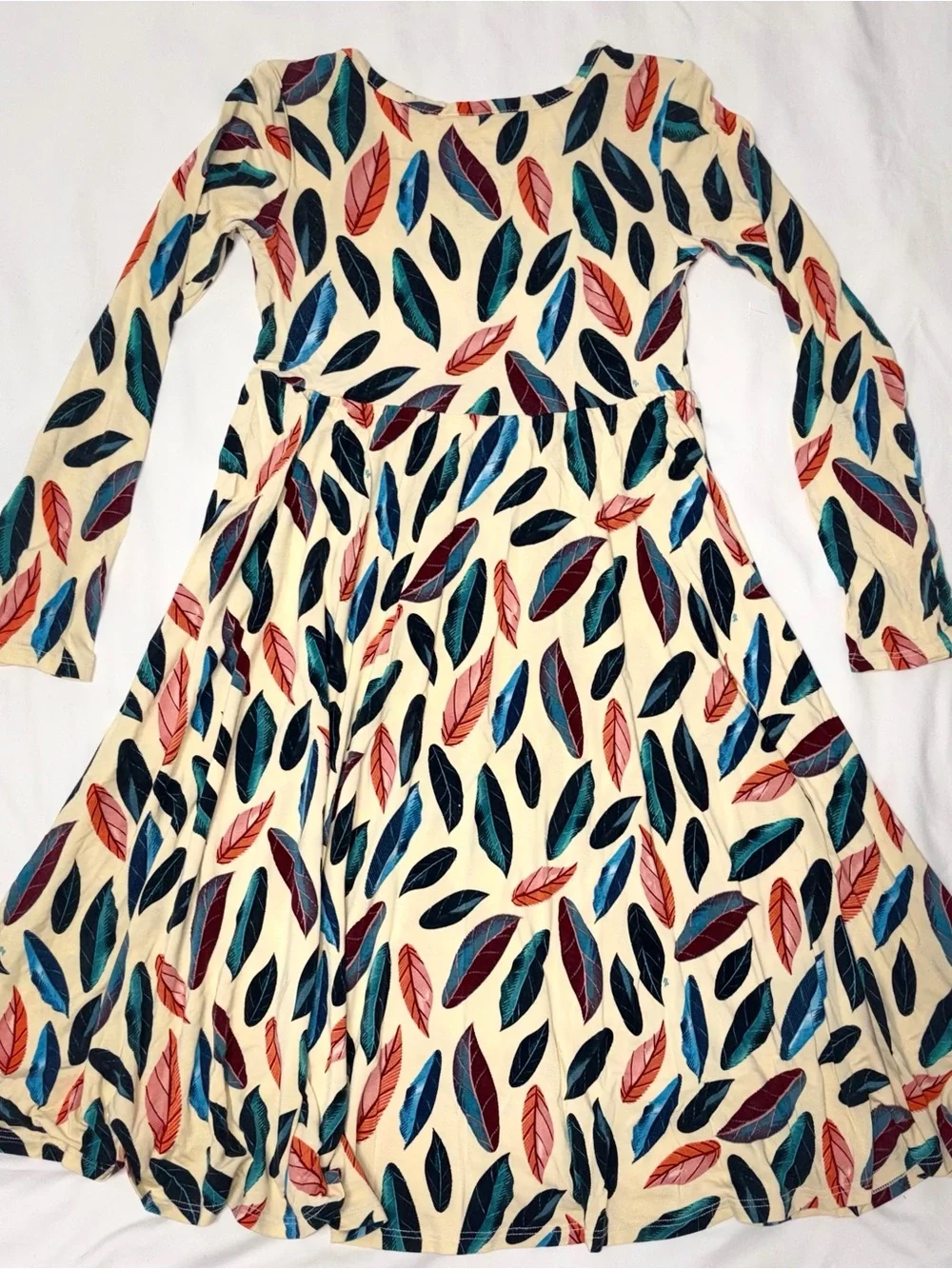 Posh Peanut Bamboo Feather Print Long Sleeve Twirl Dress Girls Sz 7 EUC
